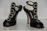 $1395! New Manolo Blahnik Suw Black Satin Evening Jeweled Shoes Sandals 41.5