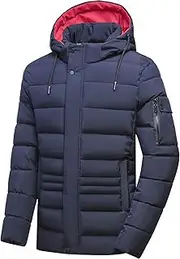 [Generic] Mens Lightweight down Coats Warm Full Zipper Windproof Detachable Hood Solid Color Snow Jacket With Zipperd Pocket Olive Jacket