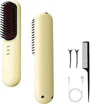 [Lizihaowu] Cordless Hair Straightener, Portable Rechargeable Hair Straightener Brush, Fast Heating, Travel, Mini Home Negative Ions Anti-Scald Straight Hair Comb (Beige)
