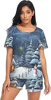[RPLIFE] Christmas Scene Christmas Tree Snowman Womens Sleepwear Shorts Set, Ladies Summer Pajamas, Christmas Scene Christmas Tree Snowman, Large