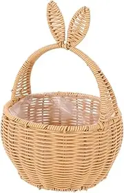 BESTOYARD Woven Bunny Basket with Rabbit Ears Rustic Handheld Flower Girl Basket for Weddings Picnics Parties Spacious Imitation Rattan Design with Handle