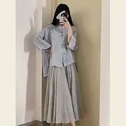 [JIMINISO] Elegant Buckle Loose Long Sleeve Top Skirt Tang Suit 2pcs Women's Clothes Modern Costume