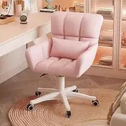 Velvet Home Office Chair with Wheels for Girl Women Modern Cute Desk Chairs Accent Armchair Upholstered Swivel Chair with Pillow for Bedroom Pink FANDIAO