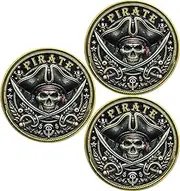 LZWIN Pirate Adventure Challenge Coin - Skull and Crossed Swords with Treasure Map Design (Pack of 3)