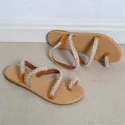 [SWTKO] Womens Pearl Flip Flops Summer Gladiator Flat Sandals with Ankle Strap Ethnic Style Faux Leather Roman Shoes Comfort Beach Walking Shoes,Brown,US6/EU37