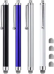 CCIVV Stylus, 4 Pcs 5.0 Inches Hybrid Mesh Fiber Tip Stylus Pens for Touch Screen, Compatible with iPad, iPhone, Kindle Fire + 4 Extra Replaceable Hybrid Fiber Tips (White, Black, Silver, Blue)