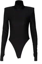 [FEESHOW] Women Long Sleeve Bodysuit Stand-up Collar Jumpsuit One-piece Bodysuit High Cut Leotard Undershirt Clubwear Party