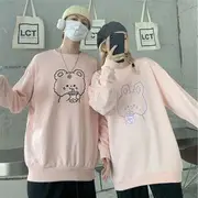 Couple Matching Printed Sweatshirt White Bear - Black - L