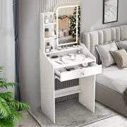 Small White Dressing Table Vanity Desk with Light Vanity Mirror and 4 Shelves