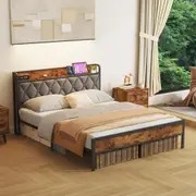 Advwin Bed Frame Queen Size with Charging Station and USB Ports Storage Tufted Headboard Shelf Metal Bed Base