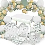 Sage Green Party Paper Plates Cups and Napkins Set, 24 Guest Party Decoration, Party Tableware with Balloon Arch,Tablecloth for Birthday, Baby Shower, Wedding, Christening Green Party Supplies