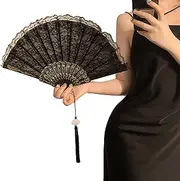 [ALMLWIAJ] Vintage Lace Tassel Hand Fan, Feather Folding Fan, Black/White for fancy dress parties and proms! (Black)