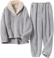 [Fenclushy] Women's Fluffy Loungewear Sleepwear Lounge Casual Pajamas Sets Loose Long Sleeve Fleece Pullover and Pants Set