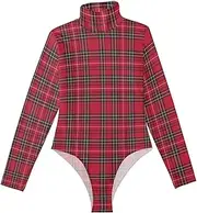 [voucong] Classical Checkered Red Black long sleeve Sexy Tops for Women Shapewear Body Suit Cute Going Out Tops for Women High-Neck Medium size, Classical Checkered Red Black