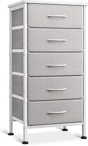 [Casaottima] Small Dresser for Bedroom with 5 Storage Drawers, 31" Tall Dresser Chest of Drawers End Table for Living Room, Fabric Dresser with Sturdy Steel Frame, White and Light Grey