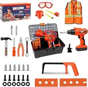 Gingersun Toy Tools, 36 PCS Kids Tool Set Toys with Working Overalls, Pretend Play Toddler Tool Toys with Tool Box & Electronic Toy Drill, Building & Construction Toys for Educational Toys Gift