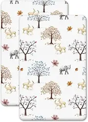 2 Pcs Crib Fitted Sheets - Made from 100% Cotton - Antiallergic, Soft, Comfy, Breathable (Animals & Trees, 89-90 x 50-51 cm)