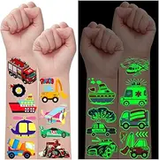 Leesgel 24 Sheets Vehicle Tattoo Children Boys Luminous Children's Tattoo Stickers Waterproof Children's Tattoos Car Digger Construction Vehicle Construction Site Children Party Bag Children's