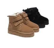 AUSTRALIAN SHEPHERD® UGG Boots Women Sheepskin Wool Hook and Loop Platform Vigour - Black / AU Ladies 6 / AU Men 4 / EU 37