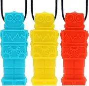Sensory Chew Necklace for Boys and Girls(3 Pack), BPA Free Silicone Chewable Robot Pendant Necklaces for Kids with Autism ADHD - Oral Motor Chewing Toys - Blue, Red, Yellow