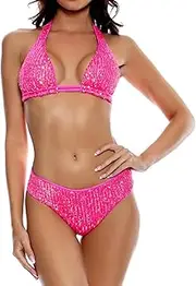 [LEOMOSTE] Women Sexy Halter Leopard Swimwear Bathing Suit Bikini Sexy Push Up Swimsuit Beachwear with Metal Tassel