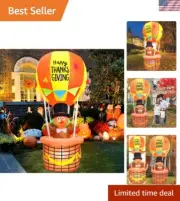 7 Ft Happy Thanksgiving Inflatable Turkey Riding in a Hot Air Balloons, Giant...