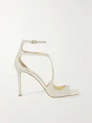 [Jimmy Choo] Jimmy Choo - Azia 95 Glittered Satin Sandals - Platinum - IT38 IT 38 Silver