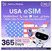 Jethro Mobile - eSIM USA, Quick Activation, 3GB High-Speed Data, Unlimited Talk