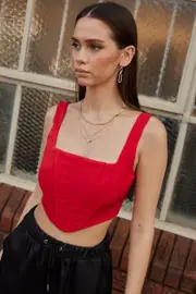 Red Corset Top Sleeveless Square Neck Crop Structured - Size 12, Women's Crop Top