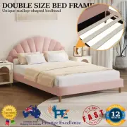 Oikiture Bed Frame Double Size Scallop-Shape Bedhead Pink Elsa Velvet Upholstery