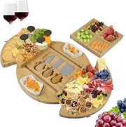 MM Brands Cheese Plate Set with Cheese Board and Cheese Knife - Serving Plate Bamboo Set Large for Meat Cheese Vegetables Fruit Cheese Board Serving Tray Party - 33 x 33 cm