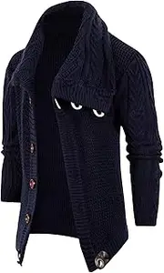 [Gsywaipei] Men's Vintage Knitted Cardigan Button Long Sleeve Male Knits Sweaters Jacket Winter Turtleneck Knit Sweater Coat, Dark Blue, XL