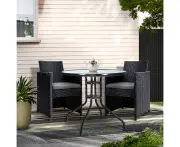 Gardeon 3PC Bistro Set Outdoor Furniture Rattan Table Chairs Cushion Patio Garden Hugo