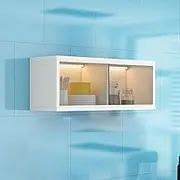 Solid Wood Wall Mounted Storage Cabinet with Left and Right Sliding Glass Doors Sensor Light White Wood Display Stand for Bathroom or Bedroom.