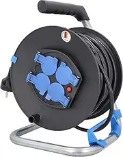 as - Schwabe 10118 DIY Cable Reel, 25 m H05VV-F 3G1.5 Cable 230 V/16 A, with 4 Blue Protective Contact Sockets Including Hinged Lid and Thermal Circuit Breaker, IP20, Made in Germany, Black