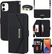 Cavor Crossbody Wallet Case for iPhone 12 Mini Case (5.4") Flip Cover Magnetic Leather Women Handbag Card Slots Holder Zipper Kickstand Purse with Detachable Shoulder Necklace Lanyard Strap-Black