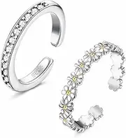 [Kakonia] 1-2 Pcs Toe Rings for Womens Girls Sterling Silver Adjustable Cubic Zirconia Daisy Flower Open Cuff Simple Toe Ring Set Beach Foot Jewellery for Summer