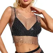 [Generic] Rhinestone Tops for Women See Through Fishnet Mesh Crop Top Sleeveless Tank Tops for Rave Party Clubwear