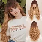 Cecehair Light Brown Long Wavy Wig with Bangs,Long Brown Ombre wig