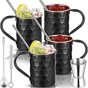 Tiangrid 11 Pcs Moscow Mule Mugs Set Include 4 16oz Black Plated Stainless Steel Mug, 4 Straws, Measuring Cup, Spoon and Cup Brush for Cocktail Coffee Chilled Drinks