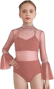 [Hedmy] Rhythmic Gymnastics Leotards for Girls Lyrical Dance Tops Sheer Mesh Rhinestones Skating Bodysuit