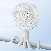 Small Battery Operated Clip-on Versatile Fan with Flexible Tripod, 5000 mAh Portable Stroller Fan, Rechargeable Desk Fans, 4 Speeds, Max 26 hours, USB Powered,360°Rotation (White, 4 Inch)