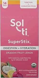 Sol-ti Organic Electrolyte Digestion + Hydration Drink Mix, Superfood Hydration Sticks, SuperStix, Non-GMO, Vegan, Dragon Fruit Lemon, 14 Sticks
