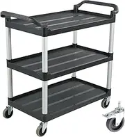3-Tier Restaurant Cart, Utility Carts with Wheels Heavy Duty Rolling Trolley Food Service Trolley 420lbs, Plastic Bus Trolley with Lockable Wheels with Brakes for Bar Salon Warehouse Office (Black)