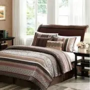 Red Brown Tan Stripe Geometric 5 pc Quilt Coverlet Set Full Queen King Bedding