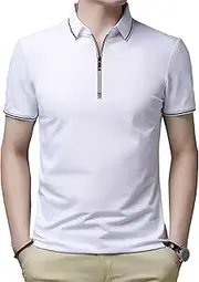 [VgueElegc] Men's Slim Muscle Workout Tee Casual Classic Quarter Zip Shirts Lightweight Short Sleeve Golf Collared Shirt, White, XX-Large