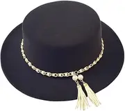 [ASTRQLE] Wide Brim Fedora Hat for Women Stylish Felt Panama Hat Cap with Pearls Tassel Belt(Black), Black, Medium