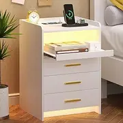 [Dystler] Nightstand with Wireless Charging Station Bedside Table with RGB Light & Human Sensor Design 3 Drawers LED Modern Night Stand End Table for Bedroom Livingroom Office, White