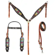 western Leather Equestrian Tooled Beaded Headstall,Breast Collar & Reins. (H055)