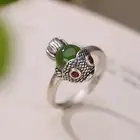 Pure S925 Sterling Silver Natural Nephrite Jade Jasper Lucky Zircon Fish Ring